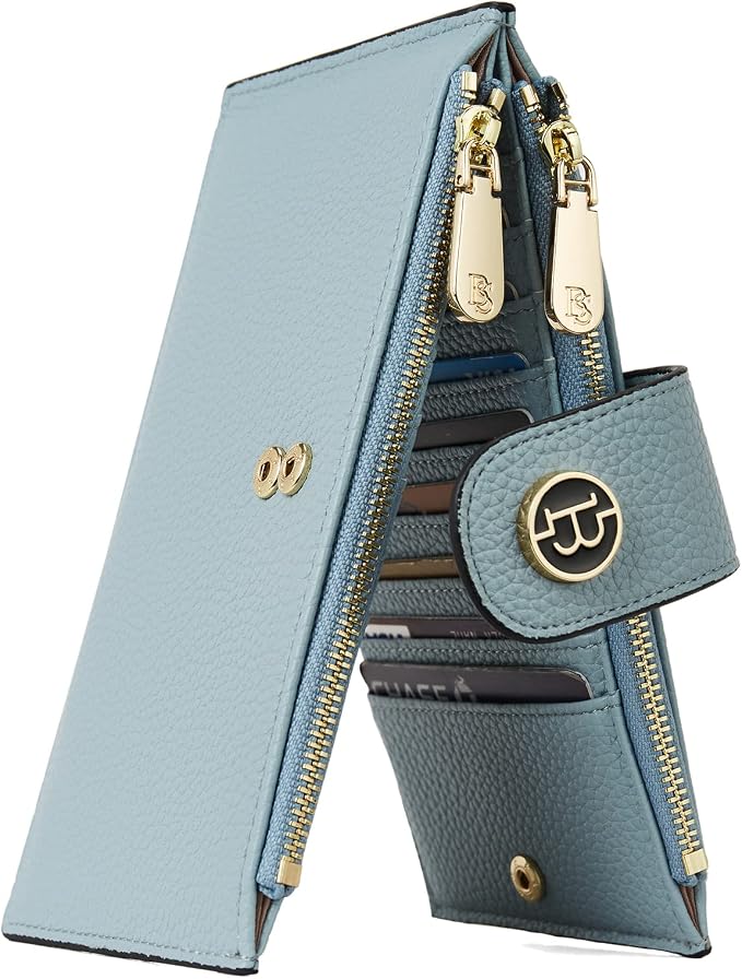 BOSTANTEN Leather Womens Wallet Large RFID Blocking Slim Card Holder | 16 Card Slots, 2 Zipper Pockets, Bifold, Long, Fits Most Purses, Organized Everyday Carry, Ladies Gifts, Blue by BOSTANTEN