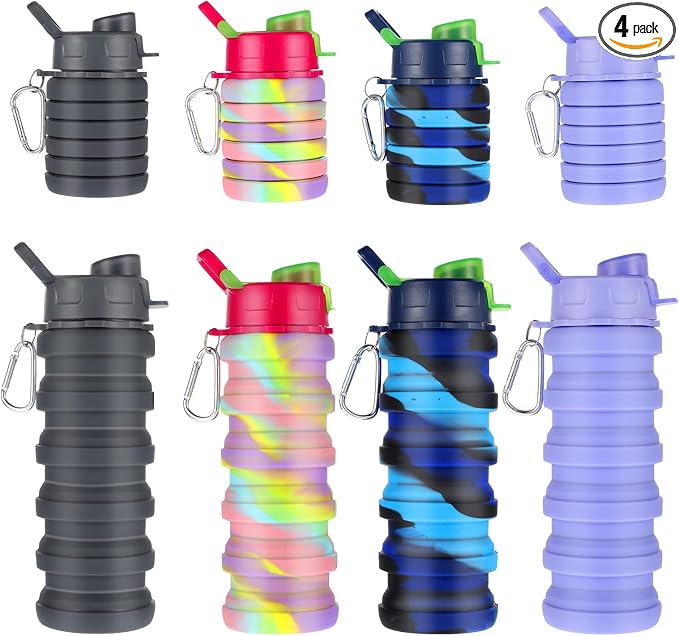 MAQUITA 4 Pcs Collapsible Water Bottles 16 oz Portable Foldable Water Bottles Silicone Leak Proof Travel Water Bottle Reusable Sports Water Bottle with Metal Clip for Camping Hiking Travel by MAQUITA