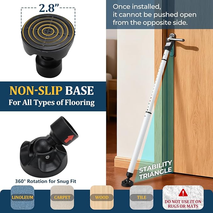 3-in-1 Door Security Bar with Heavy-Duty Metal, Adjustable 16"-41.7" Door Lock Stick,Sliding Patio Door Security Bar with 2.8" Non-Slip Base for Home,Apartment,Travel Safety–Portable Door &Window Lock - Image 3