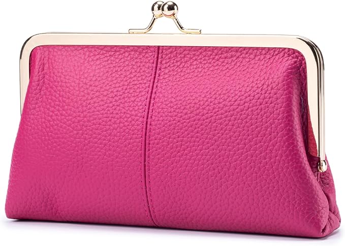 Women's Genuine Leather Wallet - Fashionable Kiss Lock Card Holder, Long Clutch Purse, Portable Large Capacity Travel Wallet (Rose Red) by Unknown