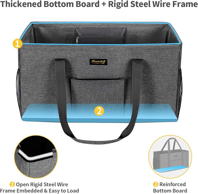 GhvyenntteS Extra Large Utility Tote Bag, Stand Up Utility Tote with Metal Wire Frame & Hard Bottom Board, Reusable Grocery Bags With Handles, Extra Large Beach Bag, Collapsible Car Tote | 22.5"×10.5"×12" - Image 3