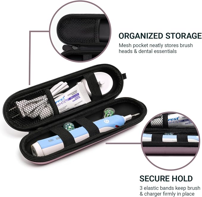 Nincha Compact Electric Toothbrush Travel Case, EVA Protective Storage Bag for Philips Sonicare/Oral-B, Waterproof Portable Carrying Case with Mesh Pocket & Elastic Bands (Smoky Pink) - Image 5