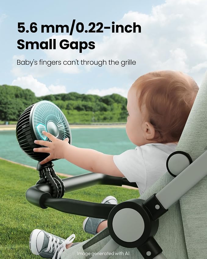 Gaiatop Oscillating Baby Stroller Fan with LED Lights, Rechargeable Black | 4-Speed Quiet Cooling, 4.6 In, Battery Operated, 360° Rotate Clip On Small Portable Fans for Car Seat Crib Treadmill Travel - Image 3