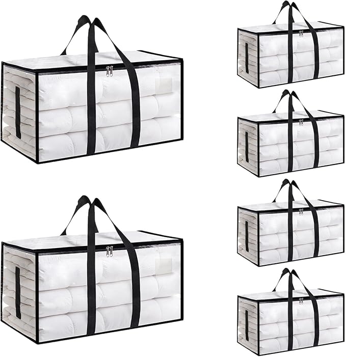 6 Pack-Extra Large Heavy Duty Moving Bags - Waterproof Storage Totes with Handles & Zippers, Foldable for College Dorm, Storage (Clear) by Unknown