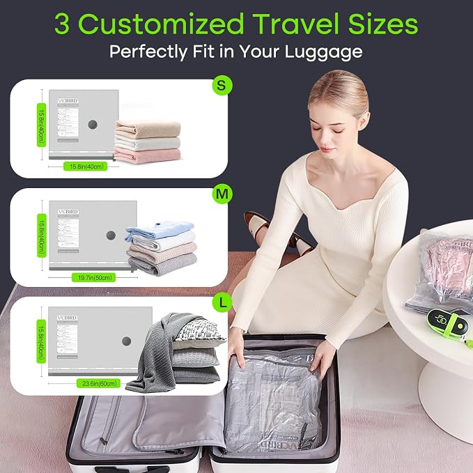 Vacbird Vacuum Bags for Travel with USB Pump, 17 Pack Compression Travel Vacuum Bags for Luggage and Suitcase, Carry-on Size Space Saver Bags for Clothes and Clothing | USB pump suction compresses travel vacuum bags , 12 pack with 3 sizes fits carry-on... - Image 5