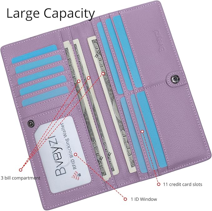 Bveyzi Ultra Slim Thin Leather RFID Blocking Credit Card Holder Bifold Clutch Wallets for Women - Image 3