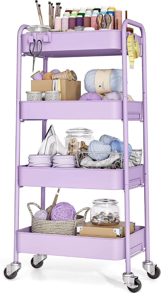 TOOLF 4 Tier Metal Rolling Cart, Utility Storage Cart with Wheels, Purple | Screwless Assembly, Lockable Metal Wheels, Trolley Organizer for Bathroom, Kitchen, Office, Dorm, Laundry, Craft Room by TOOLF