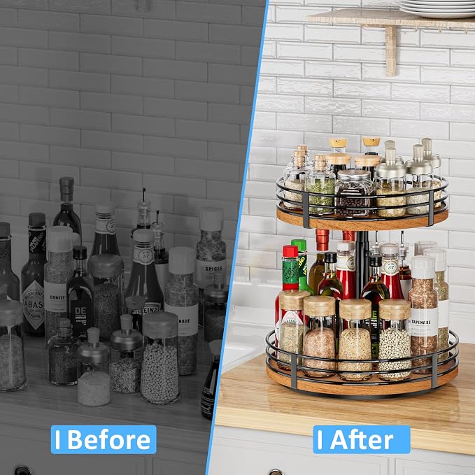 Lazy Susan Turntable Organizer Adjustable - 2 Tier Wood Rotating Spice Rack 12 Inch Lazy Susan for Kitchen Countertop Cabinet Pantry Cupboard Dining Table Bathroom Coffee Bar Home Storage - Image 7