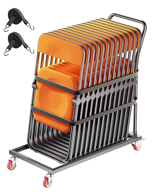 VEVOR Folding Chair Rack, 300 LBS Capacity, L-Shape Vertical Placement Chair Cart for 25 Chairs, Heavy-Duty Metal Chair Storage Dolly with Rubber Wheels, Multi-Function Chair Holder, Matte Black | Folding Chair Rack with Rubber Wheels, Heavy-Duty Metal... by VEVOR