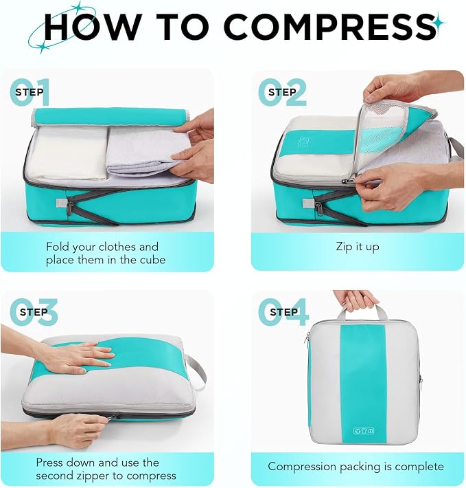 OlarHike 10 Set Compression Packing Cubes for Travel Essentials,Compressible Expandable Space Saver Bags for Organizing Clothes,Luggage Suitcase Garment Bags with Over 1000 pcs Mesh Holes(Blue Green) - Image 3