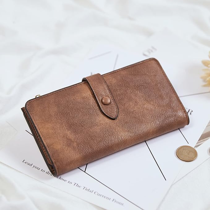 BOSTANTEN Womens Leather Wallet RFID Large Capacity Credit Card Holder | 4 ID Windows, 16 Card Slots, Zipper Coin Pocket, Clutch Wallet, Long Bifold, Ladies Gifts, Grey Brown - Image 7