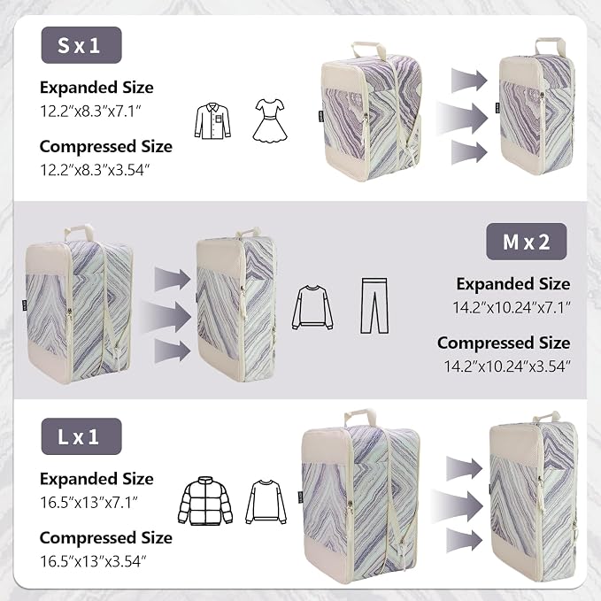 Extra Large Compression Packing Cubes for Carry On, 4 Set Lightweight Travel Packing Organizers with Breathable Mesh, Expandable Compression Cubes for Travel, Marble Pattern - Image 2