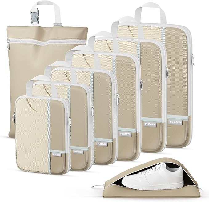 Percover Compression Packing Cubes for Travel, 8-Piece Structured Compression Organizer Set with Laundry Bag & Shoe Bag for Carry-On & Checked Luggage, Camel by Unknown