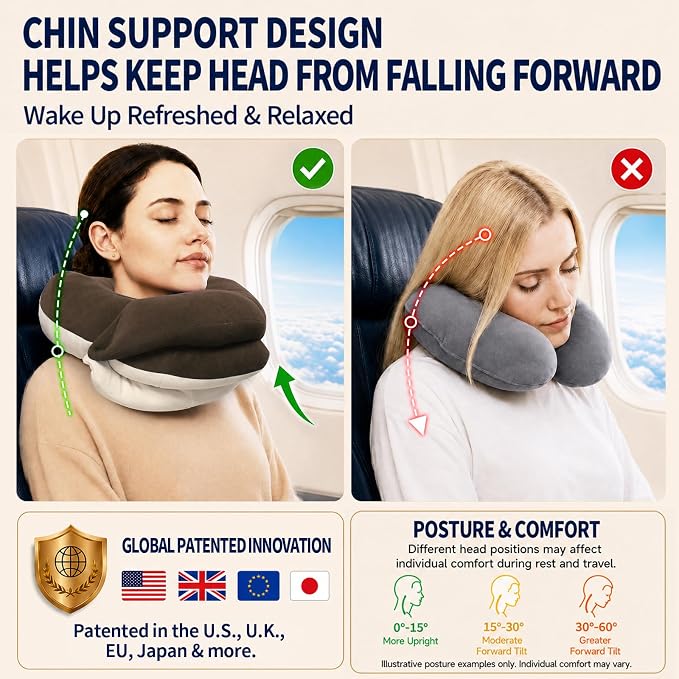 Travel Neck Pillows for Airplanes, Memory Foam 360° Head Support Sleep for Long Flight, Skin-Friendly & Breathable, Kit with Eye Mask, Earplugs and Storage Bag (Adult, Brown, 90+ lbs) - Image 3