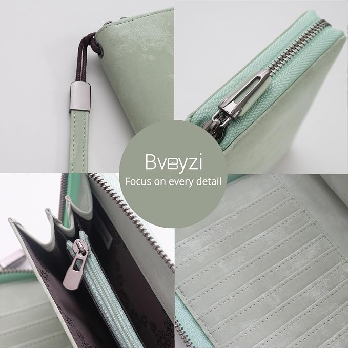 Bveyzi Women RFID Blocking Wallet Leather Zip Around Phone Clutch Large Capacity Ladies Travel Purse Wristlet - Image 2