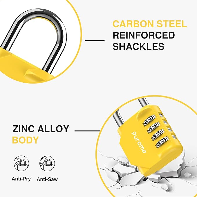 Puroma 1 Pack Combination Lock Locker 4 Digits Combo Padlock Gym Yellow | For School Gate Fence Toolbox Hasp Storage, Outdoor, Resettable, Weatherproof, Side Window, Crack Cut Resist, Hardened Steel - Image 4