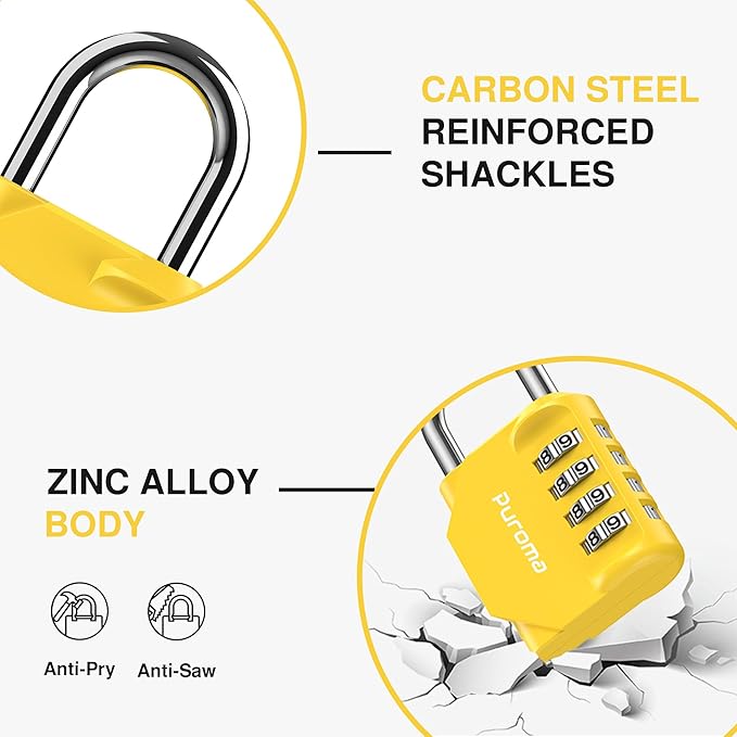 Puroma 2 Pack Combination Lock Locker 4 Digits Combo Padlock Gym Yellow | For School Gate Fence Toolbox Hasp Storage, Outdoor, Resettable, Weatherproof, Side Window, Crack Cut Resist, Hardened Steel - Image 4