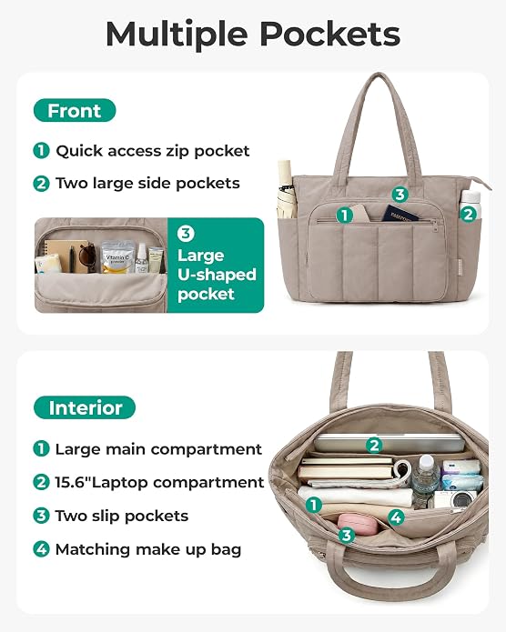 BAGSMART Tote Bag for Women, 2 Set Work Tote Bag with Zipper | 20L Capacity, 15.6'' Laptop Quilted Nurse Handbags for Work Travel College - Image 2
