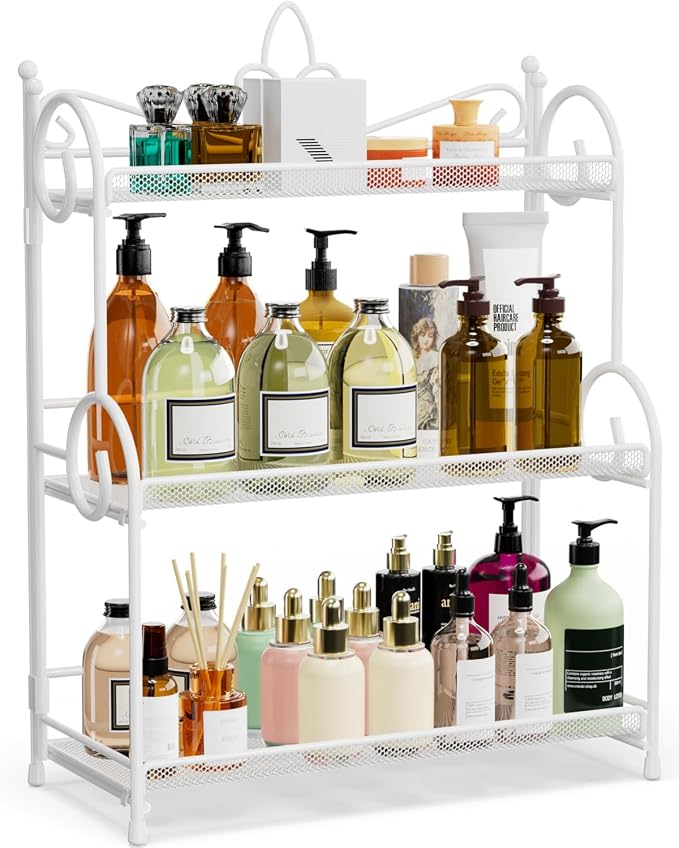 YIUKEA Bathroom Counter Organizer - Spice Rack Countertop 3 Tier Counter Shelf Organizer for Bathroom Kitchen Bedroom Foldable White by YIUKEA