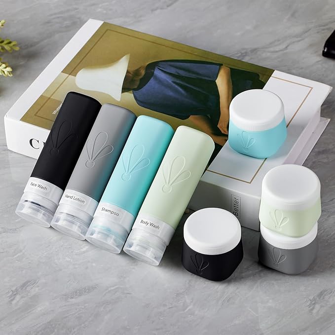 INSFIT travel bottles for toiletries 8 Pack, Leak proof Travel Size Toiletries Containers with toiletry bag, Squeezable Silicone Bottles & Cream Jars, Travel Essentials BPA-Free kit for Shampoo - Image 4