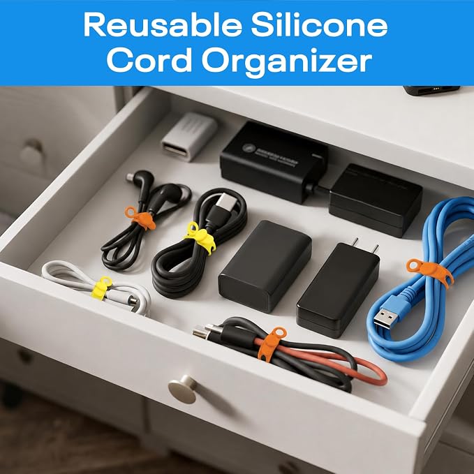 Silicone Cable Ties Reusable, 6 Colors, High Elastic Cord Organizer Ties | 4.2In Cable Management Ties for Bundling and Fastening Various cables, Travel Essentials for Cable Organizer - Image 2