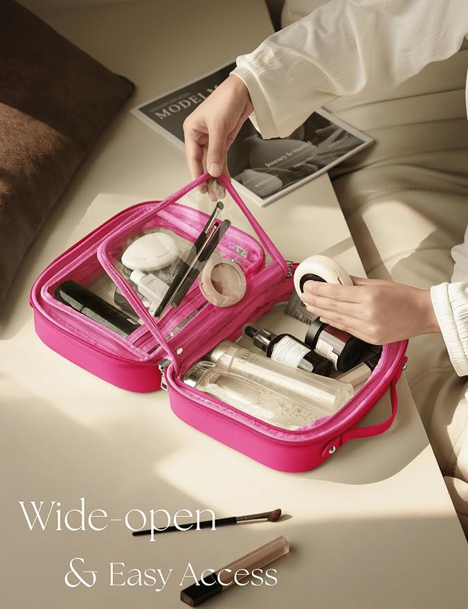 Clear Cosmetic Bag Double Layer Travel Toiletry Bag Clear Makeup Bag Case with 4 Compartments, Transparent Travel Bag for Toiletries, Large Toiletry Bag for Women Cosmetic Case (Hot Pink, Large) - Image 2