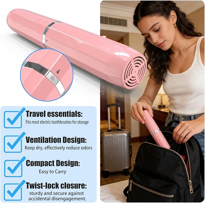 Long Ventilated Electric Toothbrush Travel Case, Portable Holder, Fits Most Standard Straight Electric Toothbrushes (Pink) - Image 3