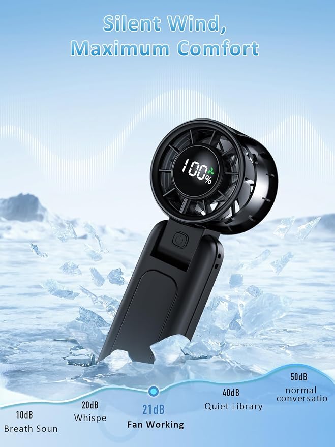 Handheld Fan, Portable Fan, 1-100 Speed Adjustable Turbo Fan, 5000mAh Rechargeable Mini Personal Fan with Foldable Design and LED Display for Travel, Office, Home and Outdoor Use Black - Image 5