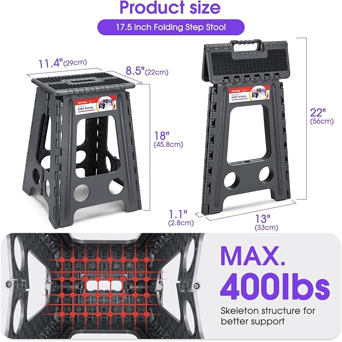17.5 Inch Heavy Duty Folding Step Stool, 400 lbs, Dot Grey | Collapsible Stepping Stool for Adults with Handle and Non-Slip Surface, for Kitchen, Garage, Bedroom and Outdoor Tasks - Image 2