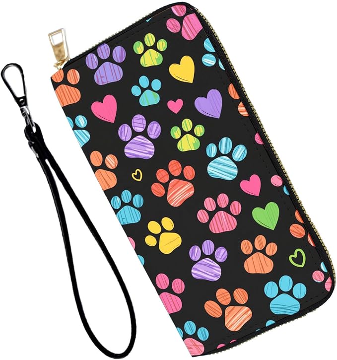 Women's RFID Blocking PU Leather Zip-Around Wallet, Large Capacity Clutch with Phone Holder, Travel Purse & Card Organizer with Removable Wristlet,Colorful Paw Prints by Unknown
