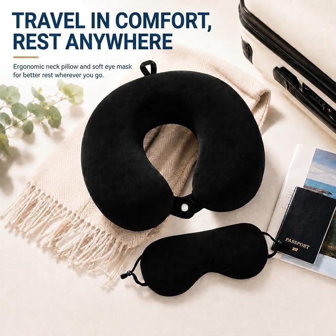 RAINFLOW Travel Neck Pillow Set - Black Memory Foam Cushion with Eye Mask | Airplane Pillow with Removable Washable Cover for Long Flights, Plane Sleeping, Neck Support and Travel Essentials - Image 2