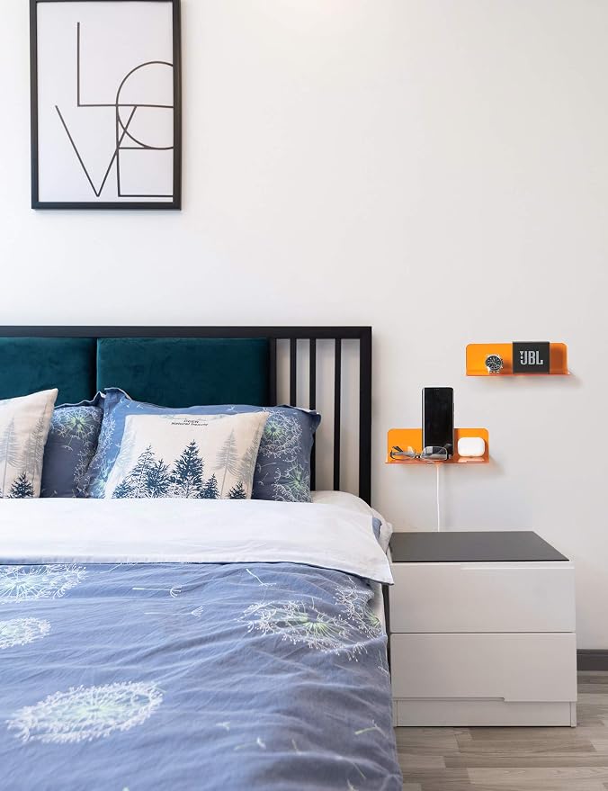 OAPRIRE Small Acrylic Floating Wall Shelves Set of 2, Flexible Use of Wall Space, 9 Inch Adhesive Display Shelf for Security Cameras/Smart Speaker/Action Figures, with Cable Clips - Clear Orange | Strong Tape Adhesive Wall Shelf, Easy Installation, Hol... - Image 2
