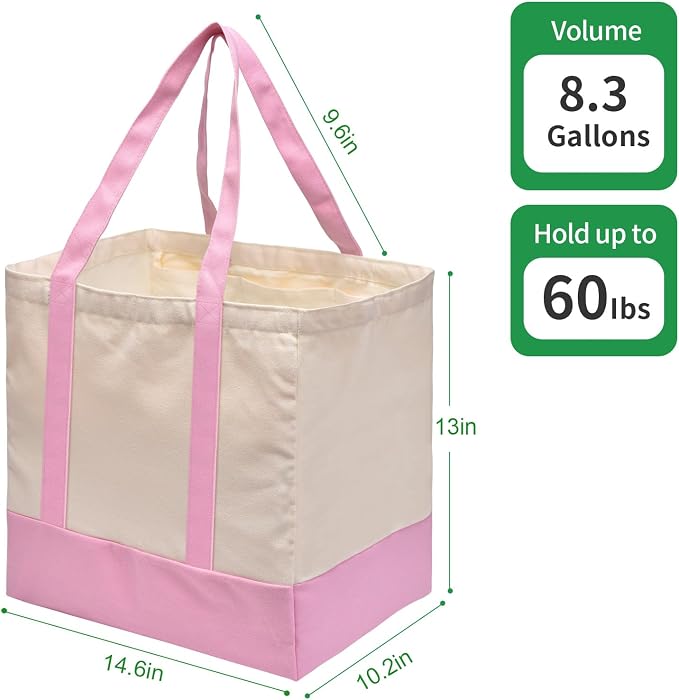 3-Pack Heavy Duty Canvas Reusable Grocery Bags, 8.3 Gal Foldable Large Tote with Handles, Washable Eco-friendly Bags with 5 Pockets, (Pink/Beige) - Image 6