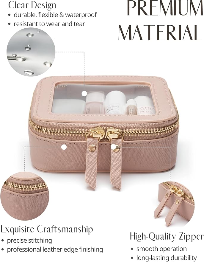 Small Clear Makeup Bag for Purse, Travel Cosmetic Case, Mauve, Mini | Waterproof PU Leather, Transparent Square Make Up Pouch with Zipper, Tiny Pink Toiletry Organizer Bag Women Car Essential Bag - Image 2