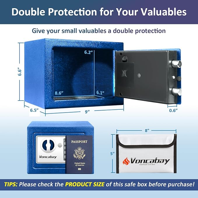 Voncabay Money Safe Box for Home with Digital Keypad, 0.23 Cu. Ft., Blue | Alloy Steel, Sensor Light, Fireproof Bag Included, 2 Override Keys, 4 Mounting Screws, Carpeted Mat, 9 x 6.6 x 6.5 In. - Image 2