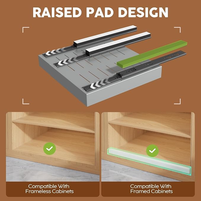 Seinloes 2 Pack Expandable Pull Out Cabinet Organizer 21"Deep With Raising Pad for Framed Cabinets,Upgrade 3 Slide Rails Slide Out Drawers,Roll Out Shelves Adhesive,Adjustable Width 12.05"-20.4"Silver - Image 2