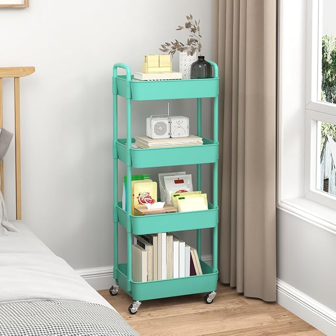 Sywhitta 4-Tier Plastic Rolling Utility Cart with Wheels for Storage,Green | Multi-Functional Storage Trolley, for Office, Living Room, Kitchen, Bathroom,Movable Organizer,Space-Saving,Easy to assemble - Image 6