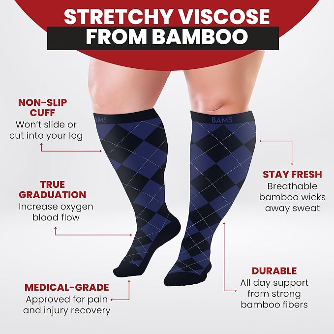 BAMS Plus Size Compression Socks Wide Calf XL XXL XXXL – Graduated Knee-High Support, Viscose from Bamboo Easy-On/Easy-Off - Image 5