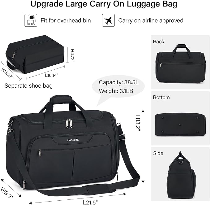 Hanke Carry On luggage Bags for Travel, Large Foldable Duffle Bag for Travel, Softside Lightweight Travel Bag Carry On Bags for Airplanes Women, Travel Tote Bags for Women Men.（Black） - Image 2