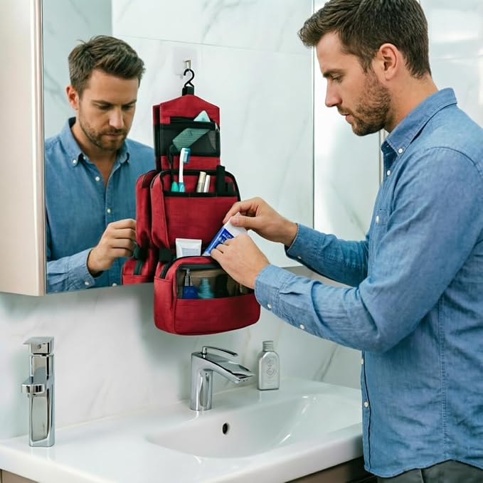 Travel toilet bag is used to store toiletries, Suitable for short-term travel use hanging toilet bag (Burgundy) - Image 2