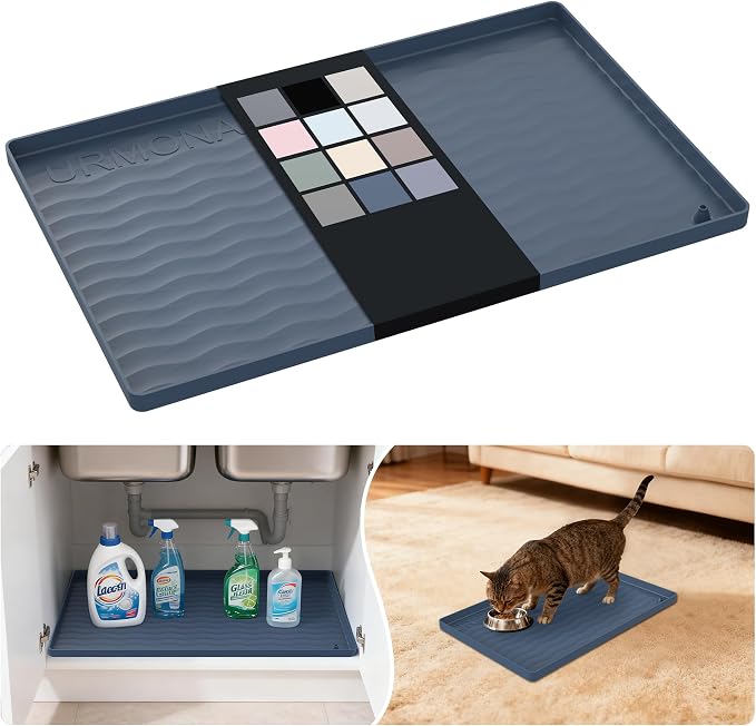 URMONA Waterproof Silicone Under Sink Mat 19'' x 12'' Shelf Liner for Kitchen and Bathroom, Cabinet and Counter Protector, Storage and Organizers, Litter Mat, Pet Cat Puppy Essentials(Dark Grey) by URMONA