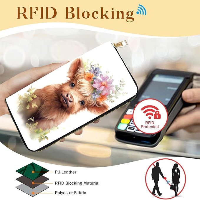 Women's RFID Blocking PU Leather Zip-Around Wallet, Large Capacity Clutch with Phone Holder, Travel Purse & Card Organizer with Removable Wristlet,Cute Highland Cow Baby - Image 2