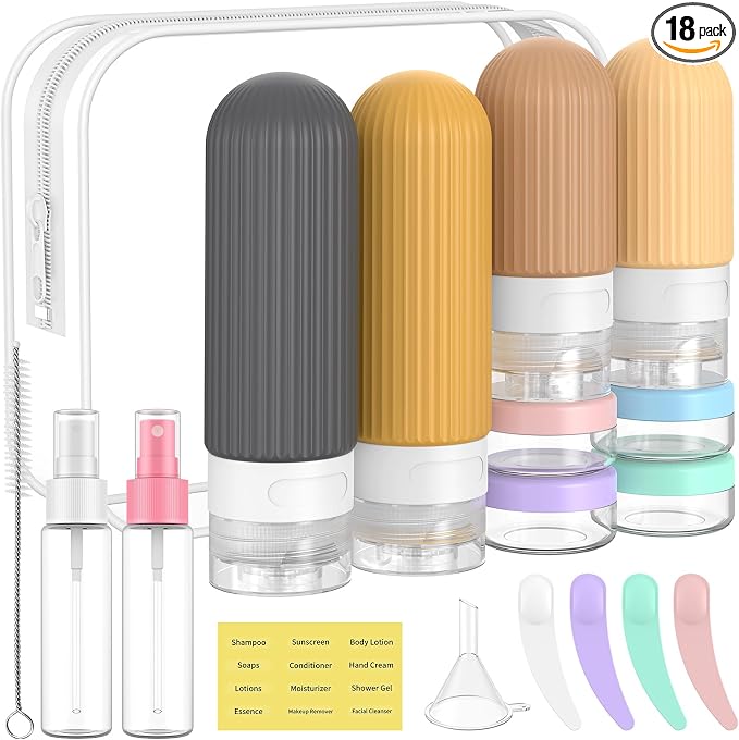 ME.FAN Travel Bottles for Toiletries,18 Pack Silicone Portable Size Bottle, TSA Approved Refillable Cosmetic Container Kits for Conditioner, Shampoo, Lotion,Face Cream - Yellow by MEFAN