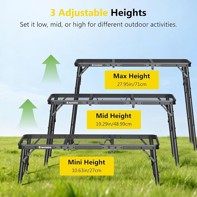 Raynesys Portable Folding Grill Table for Outside for Picnic, Camping | 3 Height Adjustable Small Camping Table with Mesh Bag, Metal Aluminum Folding Table, 35.43x15.75 inches, Black - Image 3