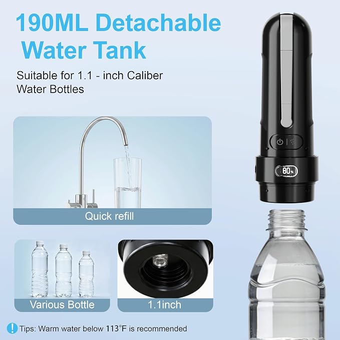 Electric Portable Bidet for Camping & Business Trips, Black | Pocket size whisper-quiet handheld sprayer 3 pressure modes 1600mAh Long-lasting Battery USB-C Rechargable IPX7 Waterproof - Image 7