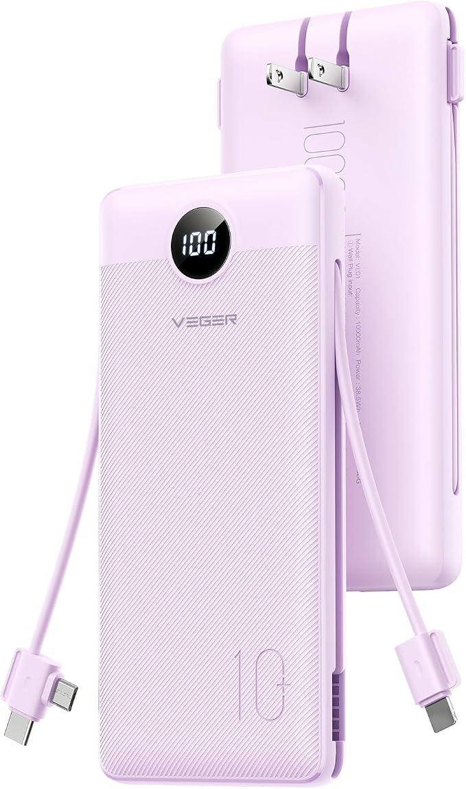 VEGER Portable Charger, 10000mAh Power Bank Built in Wall Plug and Cables | Ultra Slim, Charging 4 Devices Once, Travel Essentials, USB C Battery Pack for iPhone, iPad, Samsung, Android, Purple by VEGER