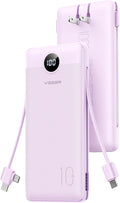 VEGER Portable Charger, 10000mAh Power Bank Built in Wall Plug and Cables | Ultra Slim, Charging 4 Devices Once, Travel Essentials, USB C Battery Pack for iPhone, iPad, Samsung, Android, Purple by VEGER