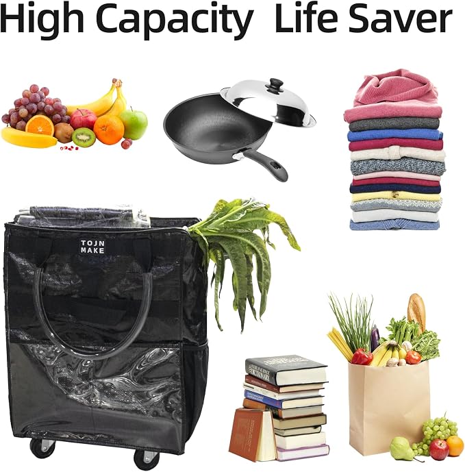 Reusable Grocery Bag with Wheels, Large Black Rolling Tote | 8 Pockets, Zipper Cover, Foldable for Women, Kitchen, Travel, Carries Up to 76LBS - Image 3