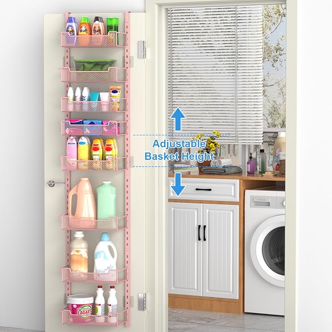 VyGrow 12.3" W Narrow Over the Door Pantry Organizer, 8-Tier Over the Door Organizer with Adjustable Basket, Pantry Door Organization for Pantry Kitchen Storage Room Spice Rack, Pink - Image 2