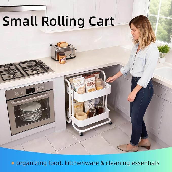 2 Tier Cart with Wheels Under Desk Storage with Handle, Metal Rolling Pantry Cart for Kitchen White Small Rolling Basket for Laundry Room Bathroom, Utility Shelf Organizer for Small Space - Image 8